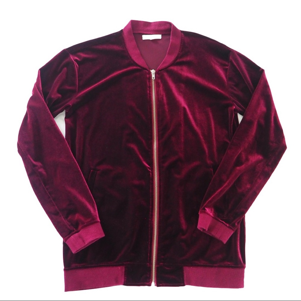 LA Hearts Velvet Bomber Jacket - Burgundy